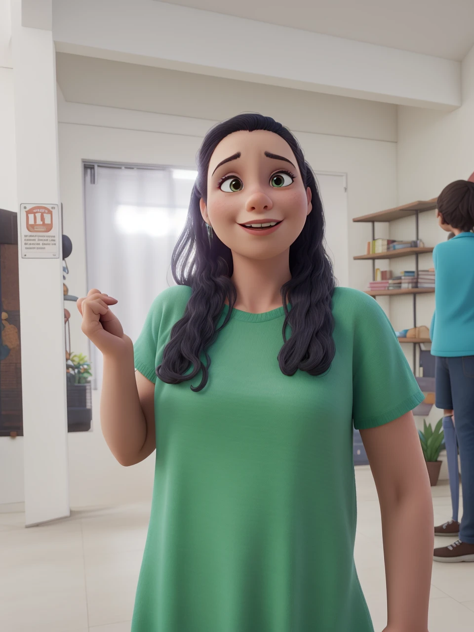 Woman with microphone in hand, levantando a biblia na outra, usando jardineira, preaching to children 3d Pixar cartoon style
