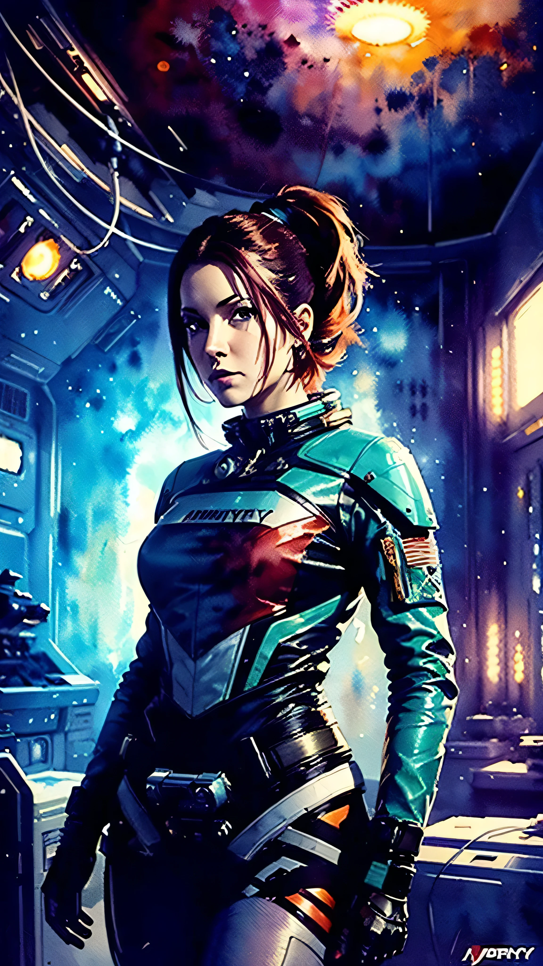 one woman, beautiful face, perfect body, in space, short red hair, ponytail (hairstyle), green eyes, masterpiece, top quality, best quality, extremely detailed, as detailed as possible, official art, beautiful and aesthetically pleasing, colorful, a space ship, green space suit, sun rays, in room, (wires and cables:1.1), (Science fiction:1.2), porthole, illuminator, stars, Fantasy, high contrast, explosions, overexposure, Impression of purple and red tones , abstract, ((watercolor painting by John Berkey and Jeremy Mann )), negative space