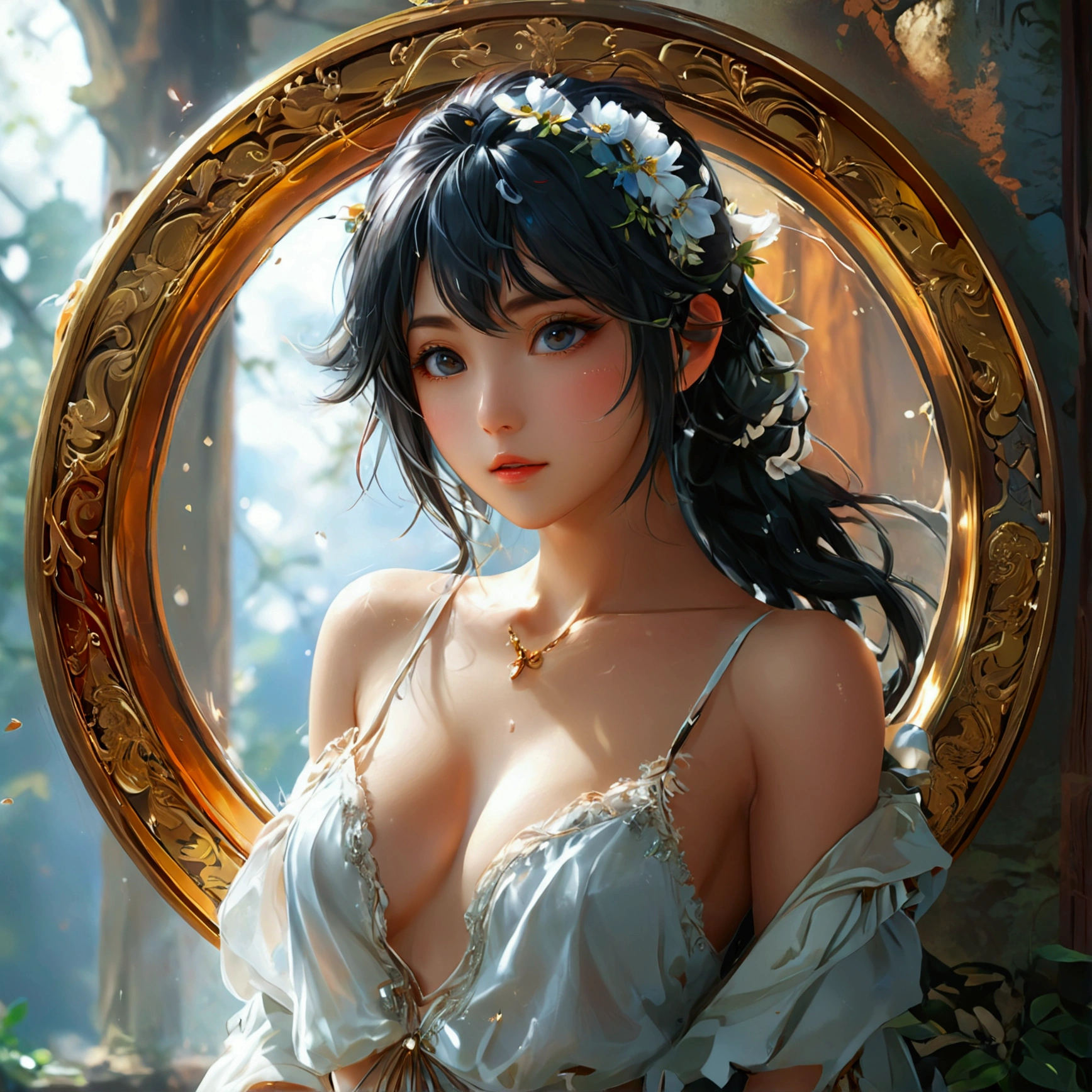 Create an illustration that meets the following conditions:。　-Create a round frame icon　-Realistic anime style　-character　-Young but sexy aura　- Fantasy background