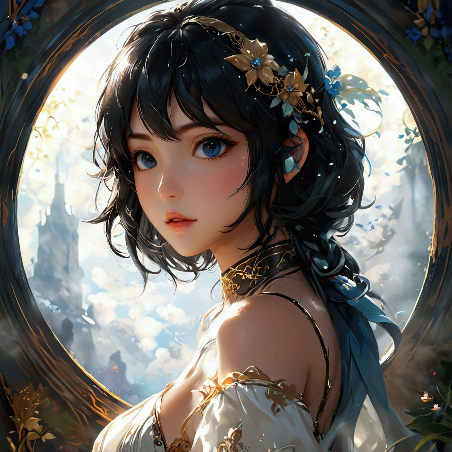 Create an illustration that meets the following conditions:。　-Create a round frame icon　-Realistic anime style　-character　-Young but sexy aura　- Fantasy background