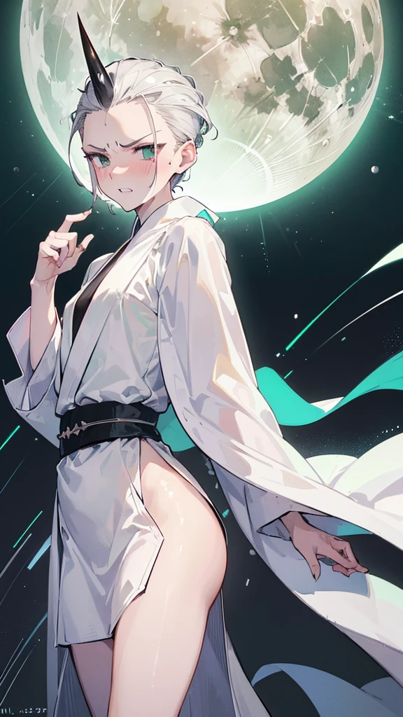 Best quality, Ultra detailed, best quality, insanely detailed, beautiful, masterpiece, 8k,
break
(full moon:1.2), night sky, refraction Glowing white lines ,Crossing Light,Shining Background,
break
1lady, silver hair, (short hair:1.2), (slicked back hair :1.5), forehead, (horn on forehead;1.2), black eyes, ultra detailed eyes, wizard robe, (white robe with green lines:1.5), long robe, tall stature, slender body, flat chest,
Break
Upper body, from front,low angle (evil smile;1.5), evil grin,(scowl:1.1), (stare at viewer:1.5), (embarrassed,blush:1.3), (ecstasy:1.3) ,(slut:1.2),(vulgarity:1.3),(wet:0.8),(sweat:0.8), condescending snigger ,open mouth,
