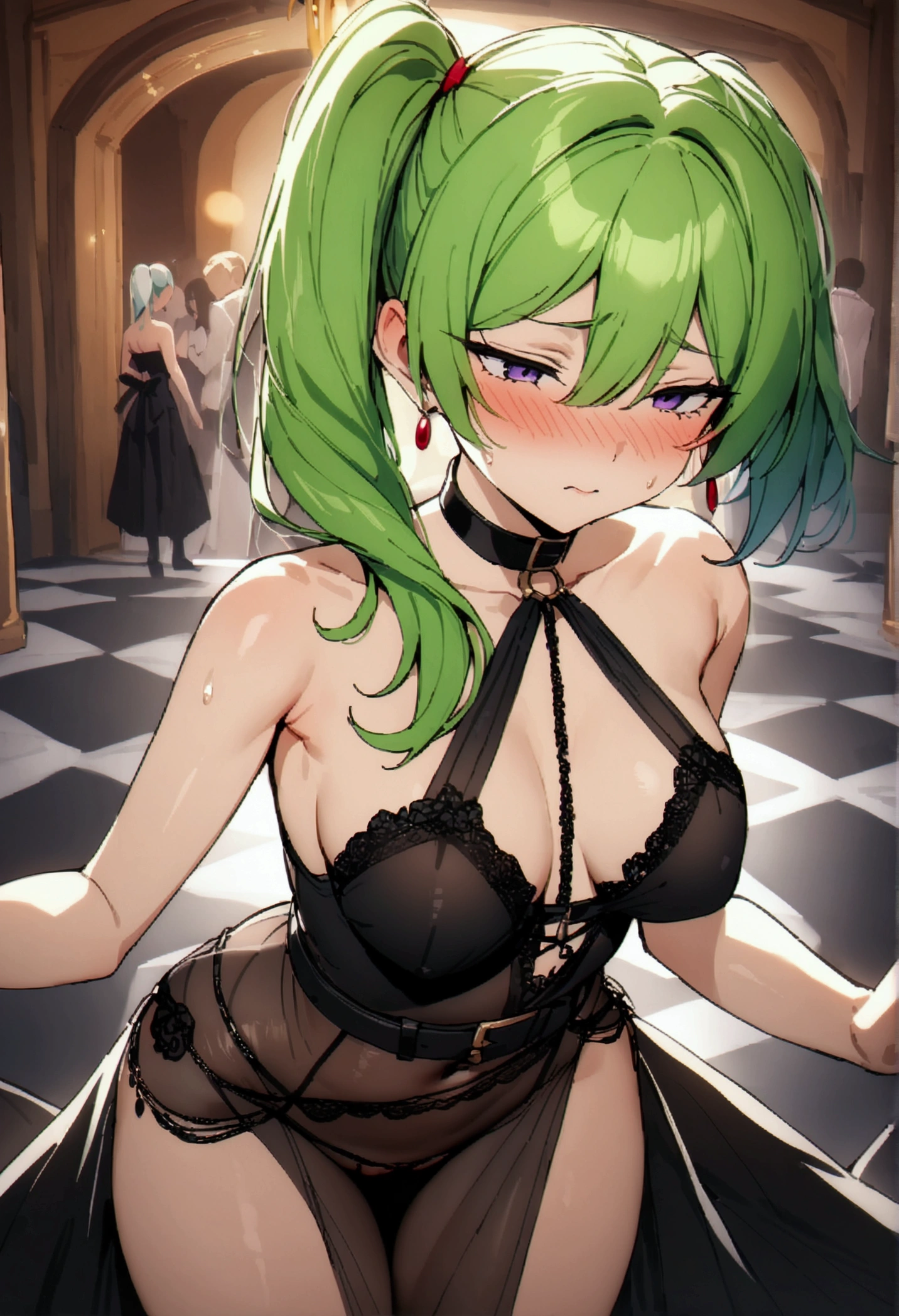 NSFW,masterpiece,Highest quality,High resolution,Super detailed,Uber\(Funeral of Frieren\),Green Hair、bangs、Hair between the eyes、Side Ponytail、Purple Eyes、Black choker、clavicle、High slit lace long dress、Sleeveless see-through dress、Halter neck,belt,Embarrassed,blush,(Prostitute),Luxurious Room,Party Venue,heart,Sexy pose,(Sex slave),A large number of people