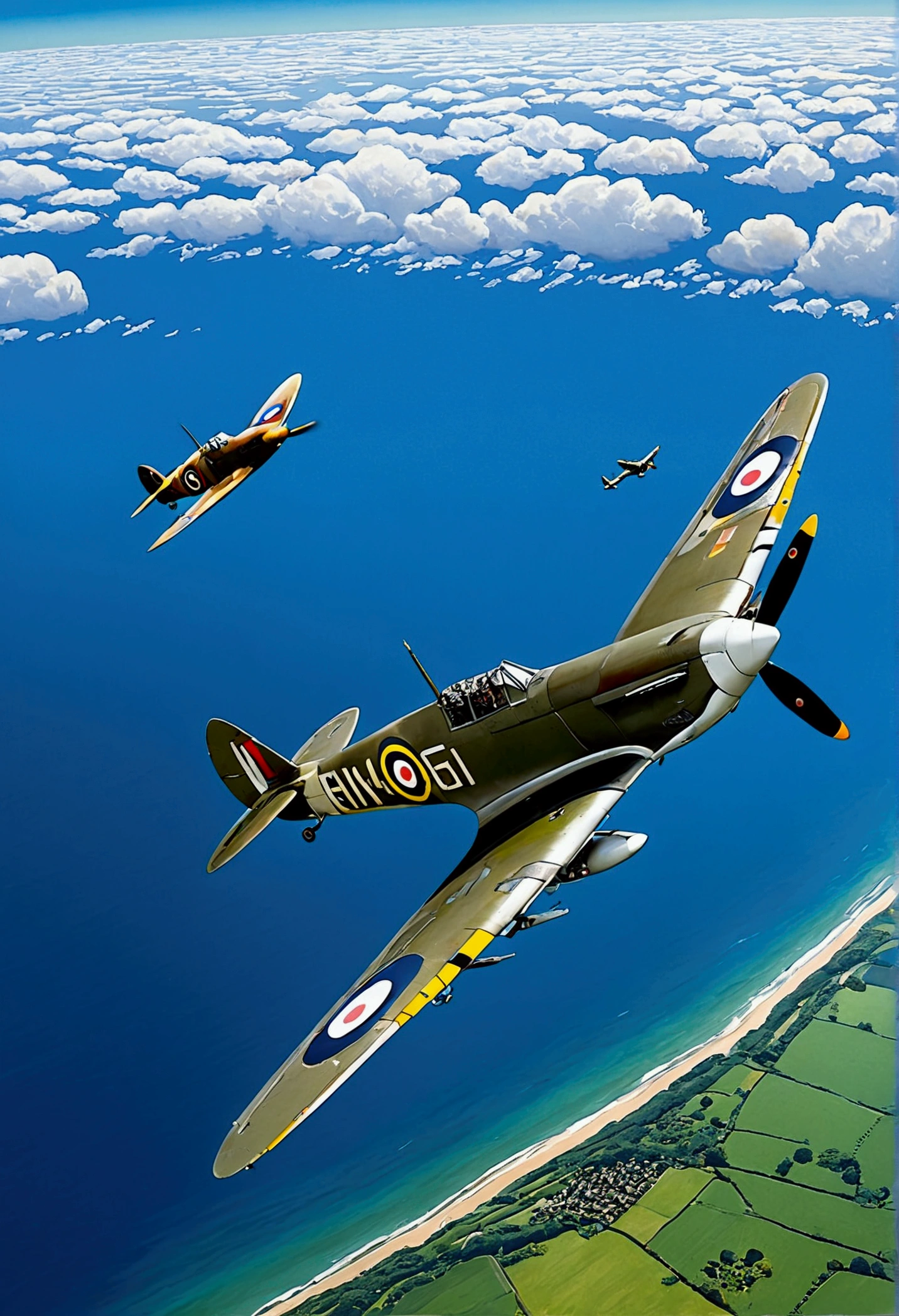arafed fighter plane flying in the sky with a propeller, spitfire, aircraft, by Dave Allsop, portrait shot, by Peter Scott, by Bob Ringwood, ww2 era, by David Simpson, ww2, ww 2, movie shot, by John Parker, spare, hurricane, beautiful angle, stunning art, by Murray Tinkelman, by John Kay, ghibli