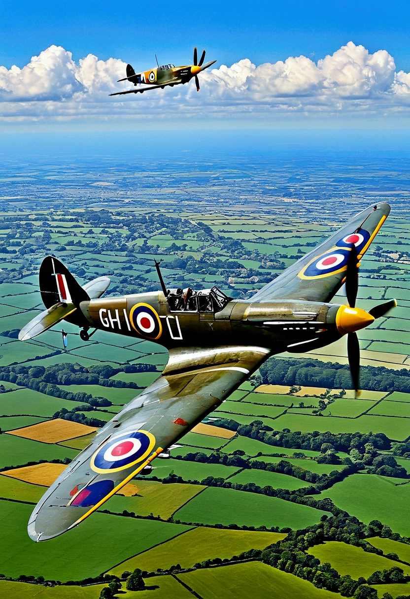 arafed fighter plane flying in the sky with a propeller, spitfire, aircraft, by Dave Allsop, portrait shot, by Peter Scott, by Bob Ringwood, ww2 era, by David Simpson, ww2, ww 2, movie shot, by John Parker, spare, hurricane, beautiful angle, stunning art, by Murray Tinkelman, by John Kay, ghibli
