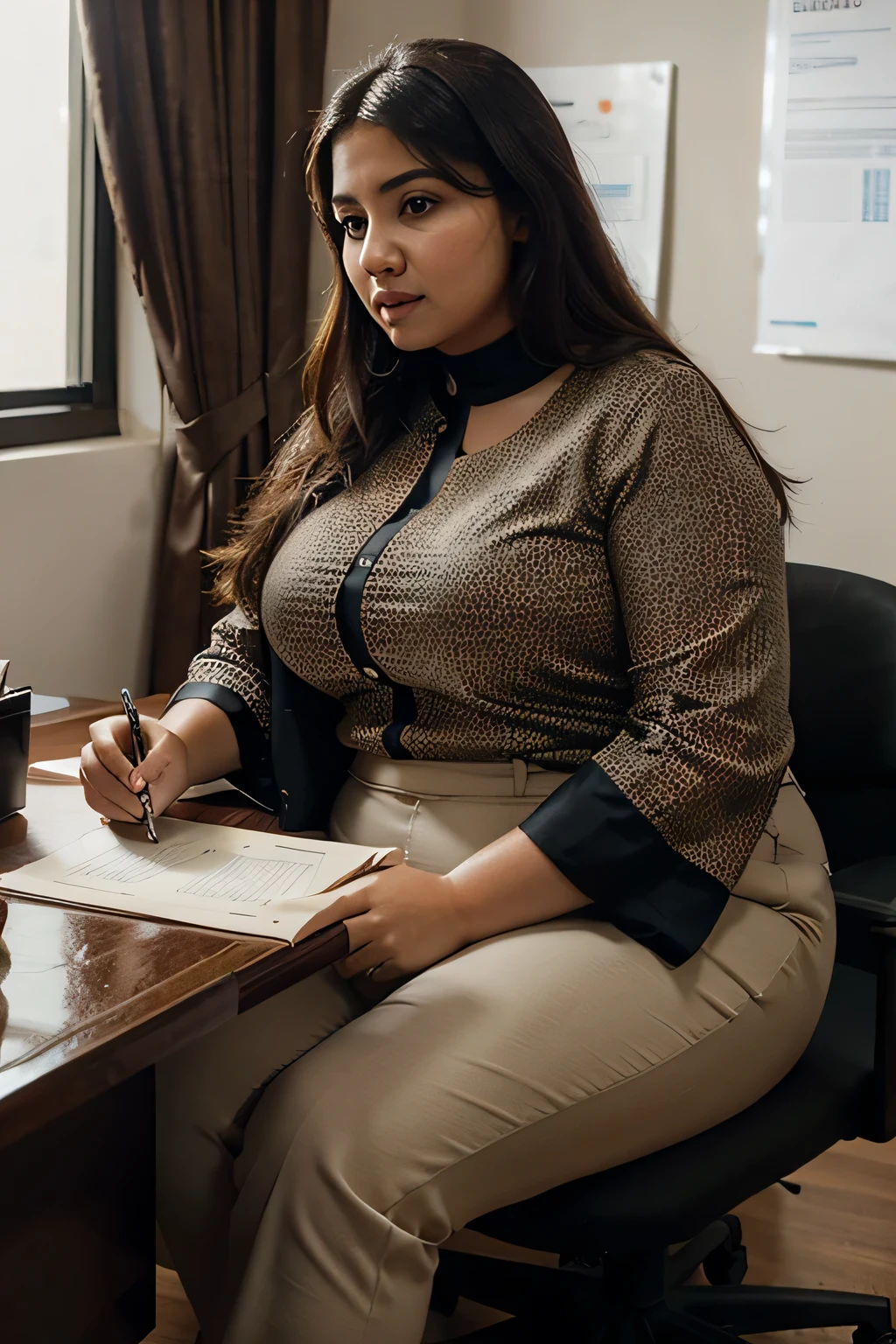 A chubby arabic woman in office attire, busy working at her desk, detailed facial features, professional environment, warm lighting, high quality, photorealistic, intricate details, cinematic composition