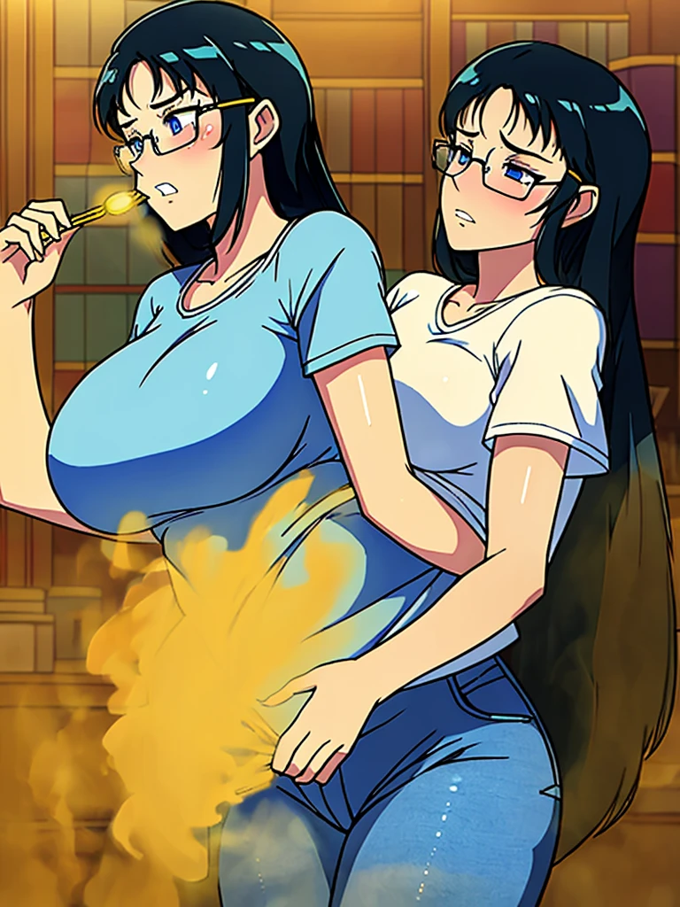 (best quality:1.4),masterpiece,ultra-detailed,delicate features,delicate skin,realism,beautiful lighting,1girl,black hair ,blues eyes ,tareme,long hair,gleaming skin,glasses, oversized tshirt, blue jeans, massive fart, yellow smoke rising, blush, clenching teeth, library