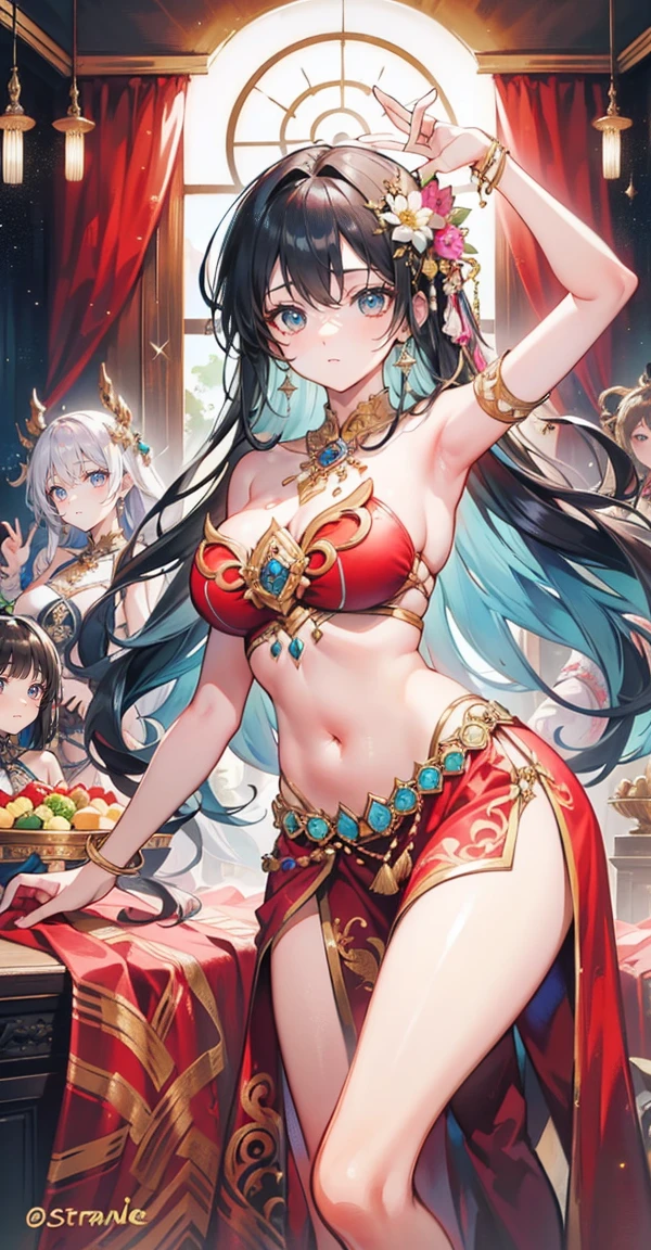Highest quality、Highest picture quality、Masterpiece ,Group of 5 princesses,(6 young women,many young women), (in the bedroom), Various hair styles, harem,((Traditional Thai Lanna cloth:1.5,Traditional Thai Lanna costume, Strapless style, no straps..:1.5,Traditional Thai Lanna costumeที่หรูหรา:1.5,short skirtข้าง:1.4, bare shoulders,Random batch color)), at night, detailed face, big breasts,Breast curtain, short skirt, mule, Sleeveless , Show your armpits, at night, starry at night,(large areolae:1.4,pink,The nipples are clearly visible....),ขับnavel,การdance,dance,Thai dance, desert dancer,belly dancer,(charming, การdanceที่หรูหราและน่าหลงใหล:1.3),(Decorate beautiful flowers on your head..),(Light silk clothing),navel,(Broken gold jewelry hung from her skirt..),นักเต้นที่เซ็กซี่และcharming