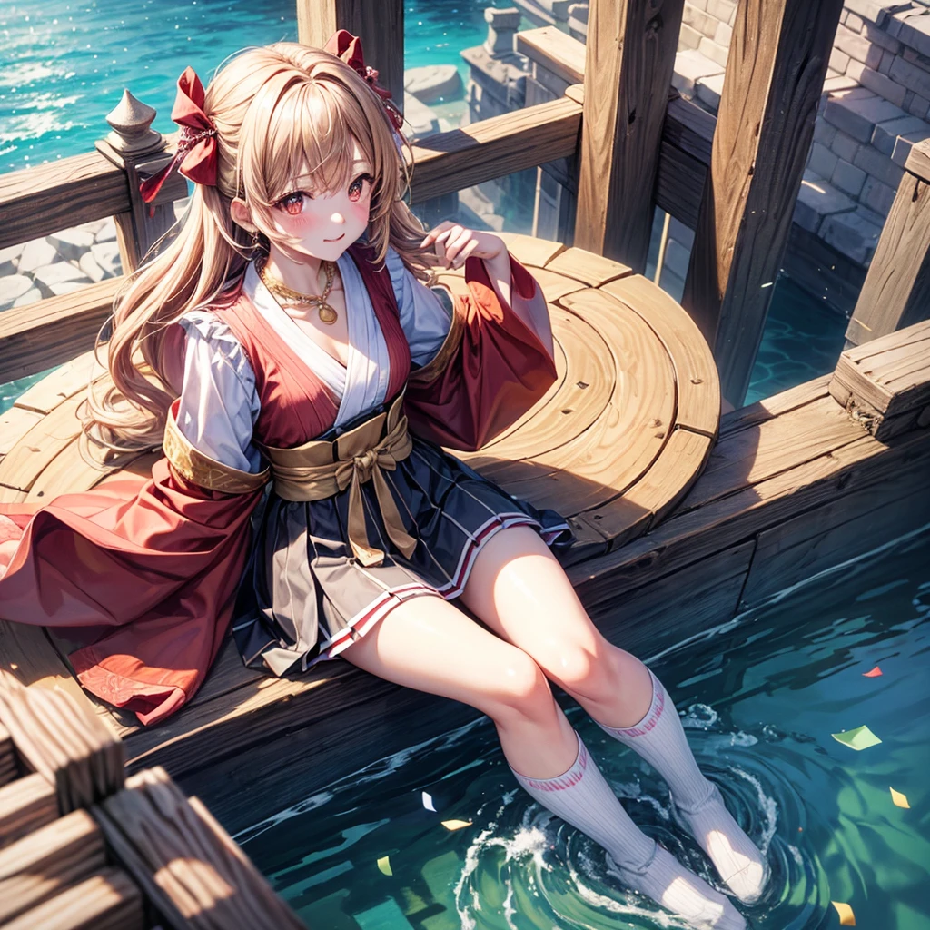 Pink, red, brown, gold, gold hair、Red gold eyes、Hair tied up、One good looking girl、solo、anime、Checkered mini skirt、Ruffles on the skirt、Checked dress、blouse、Kimono、Black knee-high socks、Ribbon、Ribbon on waist、Teeth are visible、Sparkly Necklace、From above、Cobblestones、waterfall、Starry Sky、Midnight Moon、suspension bridge、Confetti、Brick construction、Uphill、An old castle built on a rocky mountain、The scenery is reflected on the water、Sitting on the roof、Legendary Sword