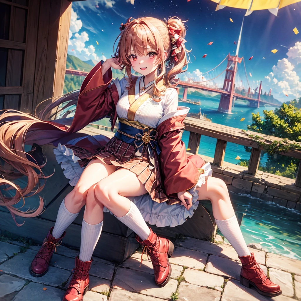 Pink, red, brown, gold, gold hair、Red gold eyes、Hair tied up、One good looking girl、solo、anime、Checkered mini skirt、Ruffles on the skirt、Checked dress、blouse、Kimono、Black knee-high socks、Ribbon、Ribbon on waist、Teeth are visible、Sparkly Necklace、From above、Cobblestones、waterfall、Starry Sky、Midnight Moon、suspension bridge、Confetti、Brick construction、Uphill、An old castle built on a rocky mountain、The scenery is reflected on the water、Sitting on the roof、Legendary Sword