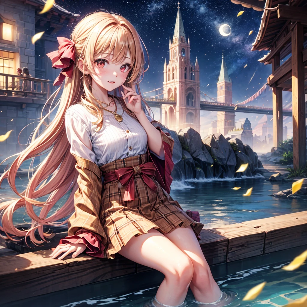 Pink, red, brown, gold, gold hair、Red gold eyes、Hair tied up、One good looking girl、solo、anime、Checkered mini skirt、Ruffles on the skirt、Checked dress、blouse、Kimono、Black knee-high socks、Ribbon、Ribbon on waist、Teeth are visible、Sparkly Necklace、From above、Cobblestones、waterfall、Starry Sky、Midnight Moon、suspension bridge、Confetti、Brick construction、Uphill、An old castle built on a rocky mountain、The scenery is reflected on the water、Sitting on the roof、Legendary Sword