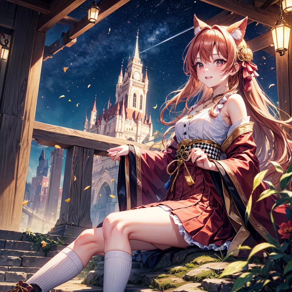 Pink, red, brown, gold, gold hair、Red gold eyes、Hair tied up、One good looking girl、solo、anime、Checkered mini skirt、Ruffles on the skirt、Checked dress、blouse、Kimono、Black knee-high socks、Ribbon、Ribbon on waist、Teeth are visible、Sparkly Necklace、From above、Cobblestones、waterfall、Starry Sky、Midnight Moon、suspension bridge、Confetti、Brick construction、Uphill、An old castle built on a rocky mountain、The scenery is reflected on the water、Sitting on the roof、Legendary Sword