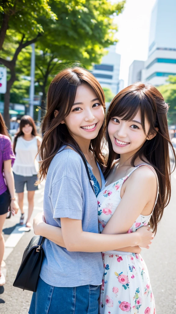 Best quality, high resolution, 8K, two girls, Japanese, hugging, best smile, summer clothes, street fashion, beautiful woman, pretty face, cute face, two cute people, Tokyo cityscape