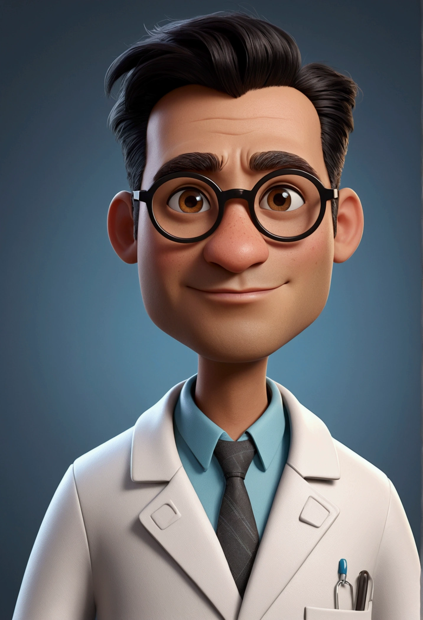 Cartoon character of a man with glasses, black hair with gray sides, black hair with gray sides, with entries, dark brownish brown skin, Oval face, cara gordo, approximately 34 years old, skin with pimple marks, animation character, wearing a labcoat, written on coat, Prof. Luiz Paulo Silva - Natural Sciences , stylized character, animation style rendering, 3d stylized, Arnold Maya rendering, Stylized 3D rendering, toon render screenshot, 3d character, 3d character, Stylized 3D rendering, 3D character rendering, cartoon character, Personagem de close up, character posing, (Pixar-style) (master part:1.2) (bokeh) (best qualityer) (skin detailed) (detailed texture) (8K) (Argilla) (cinematic lighting) (sharp focus