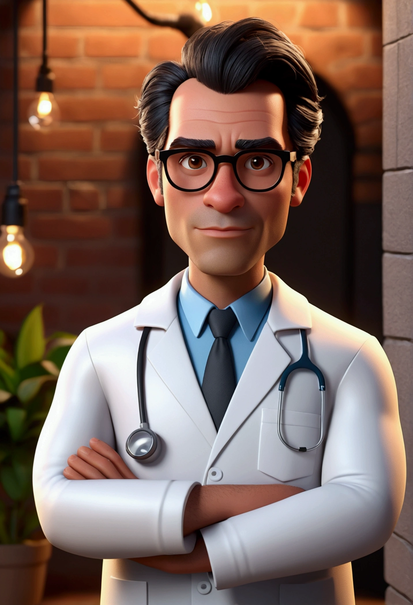 Cartoon character of a man with glasses, black hair with gray sides,  black hair with gray sides, with entries, dark brownish brown skin, Oval face, cara gordo, approximately 34 years old, skin with pimple marks, animation character, wearing a labcoat, written on coat, Prof. Luiz Paulo Silva - Natural Sciences , stylized character, animation style rendering, 3d stylized, Arnold Maya rendering, Stylized 3D rendering, toon render screenshot, 3d character, 3d character, Stylized 3D rendering, 3D character rendering, cartoon character, Personagem de close up, character posing, (Pixar-style) (master part:1.2) (bokeh) (best qualityer) (skin detailed) (detailed texture) (8K) (Argilla) (cinematic lighting) (sharp focus