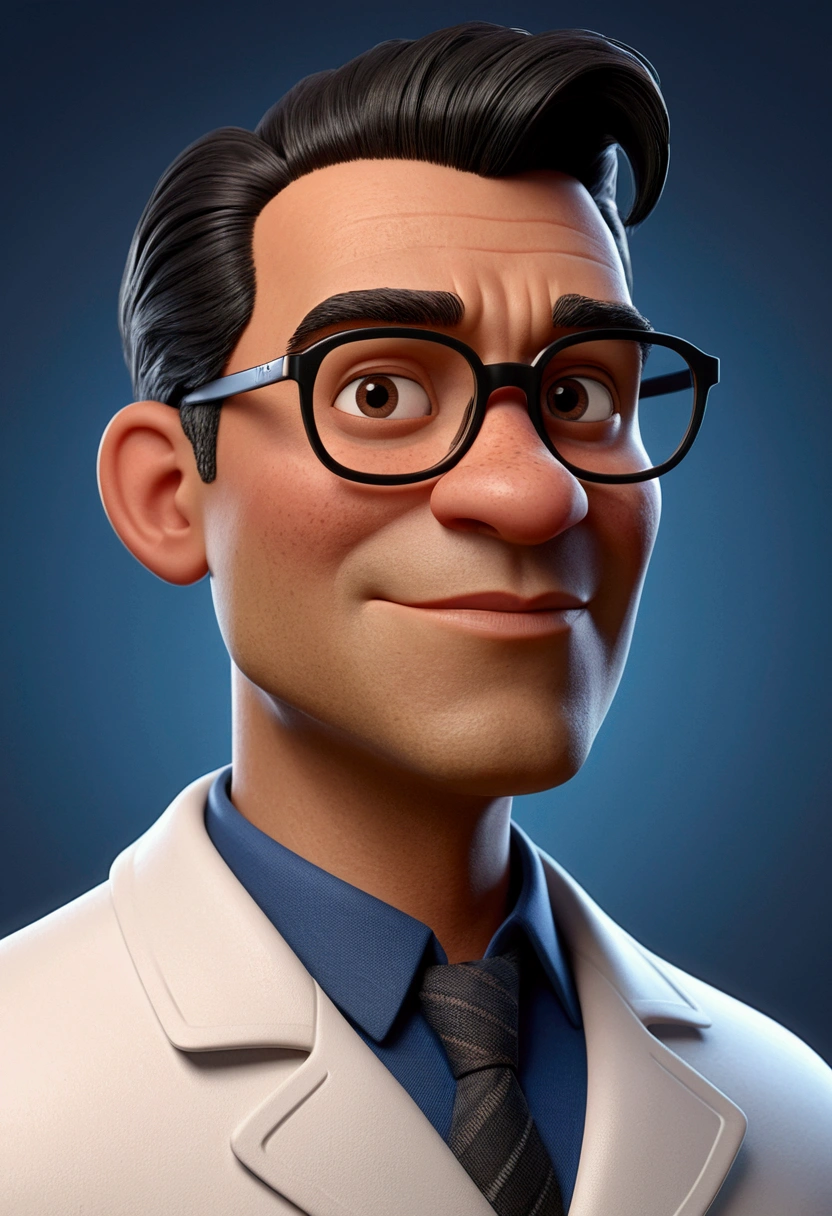 Cartoon character of a man with glasses, black hair with gray sides,  black hair with gray sides, with entries, dark brownish brown skin, Oval face, cara gordo, approximately 34 years old, skin with pimple marks, animation character, wearing a labcoat, written on coat, Prof. Luiz Paulo Silva - Natural Sciences , stylized character, animation style rendering, 3d stylized, Arnold Maya rendering, Stylized 3D rendering, toon render screenshot, 3d character, 3d character, Stylized 3D rendering, 3D character rendering, cartoon character, Personagem de close up, character posing, (Pixar-style) (master part:1.2) (bokeh) (best qualityer) (skin detailed) (detailed texture) (8K) (Argilla) (cinematic lighting) (sharp focus