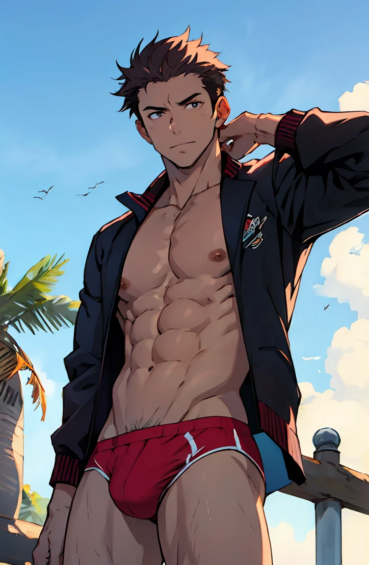 highest quality, 8K, image high resolution, Detailed strokes, beach,summer, leaning on one of the posts, ager, Yuji Itadori, Dark Pink Hair, speedo, no pants, police jacket , slightly unbuttoned jacket showing a bit of his chest, male, (Bottom Angle), (Face Close), defined legs, defined arms, defined abdomen, with the shirt, speedo, underwear, male underwear