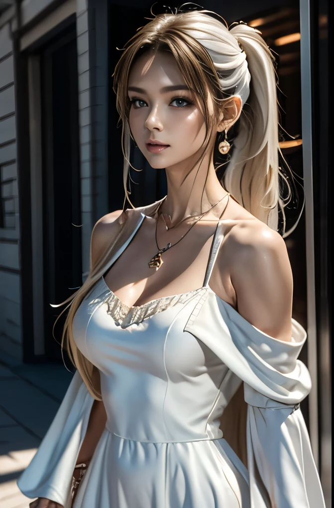 Cowboy Shot, Ultra high definition, , Very long hair, Side Ponytail, necklace, Holding, Off the shoulder, (White Dress:1.3), White jacket,Hello, Soft skin texture, 8k Raw Photo:1.5, masterpiece,