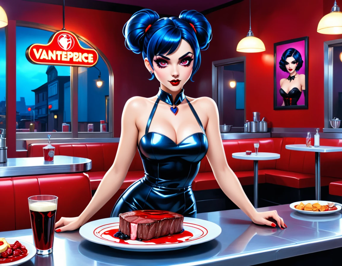 a 3D digital painting picture of extremely (beautiful female vanpire:1.3) serving a big juicy raw steak on a tray, dripping blood in a goth American diner, an exquisite beautiful female (vampire:1.3), (full body: 1.1) ultra feminine ultra detailed face, blue hair, short hair, red lips, lavender eyes, glowing eyes,  wearing sexy white seductive latex dress, serving a goth diner American kitchen background, full body dynamic angle, , award winning, best quality, high quality, high details, highres, vibrant, Ultra-high resolution, High Contrast, (masterpiece:1.5), highest quality, Best aesthetics, best details, best quality, highres, ultra wide angle, 16k, [ultra detailed], masterpiece, best quality, photorealistic, 3D rendering, huge anime eyes