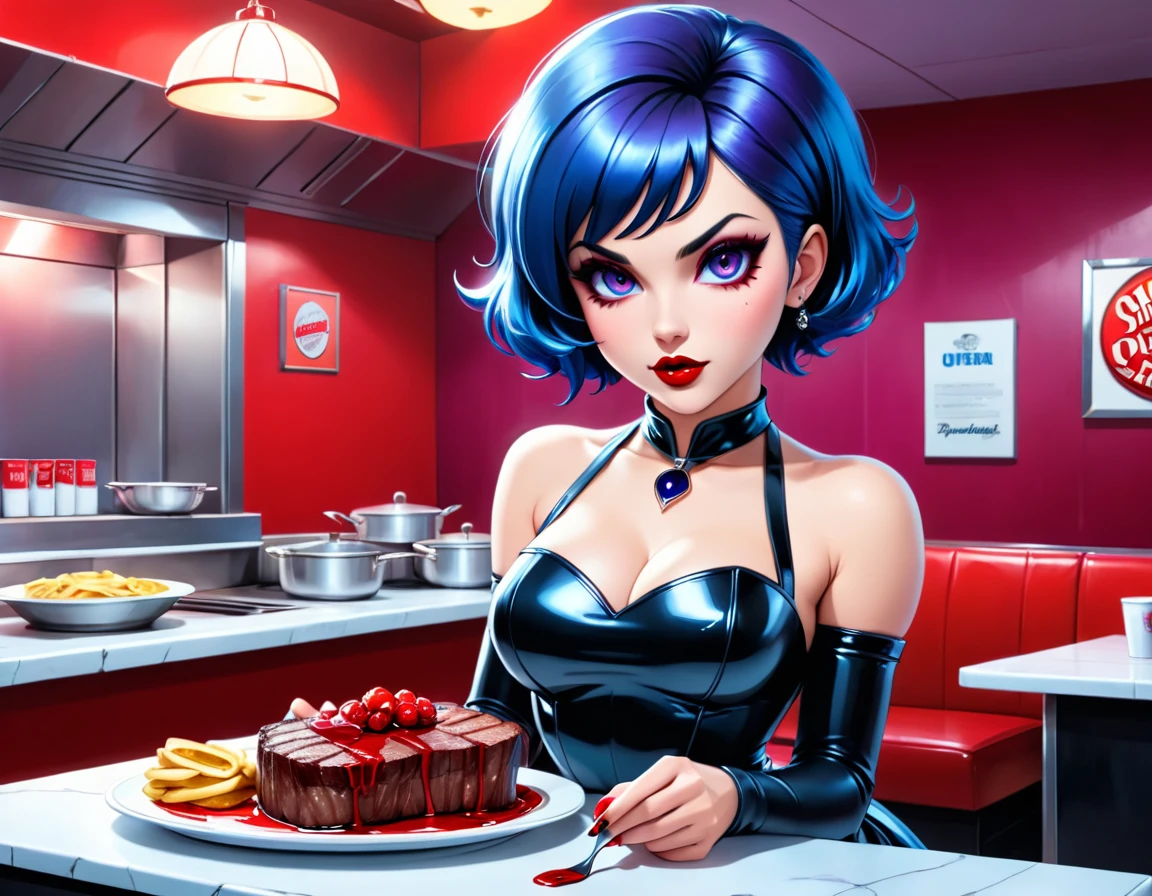 a 3D digital painting picture of extremely (beautiful female vanpire:1.3) ((serving a big juicy hamburger: 1.3)) on a tray, dripping blood in a goth American diner, an exquisite beautiful female (vampire:1.3), (full body: 1.3) ultra feminine ultra detailed face, blond hair, short hair, red lips, red eyes, glowing eyes, wearing sexy white seductive latex dress, serving a goth diner American kitchen background, full body dynamic angle, , award winning, best quality, high quality, high details, highres, vibrant, Ultra-high resolution, High Contrast, (masterpiece:1.5), highest quality, Best aesthetics, best details, best quality, highres, ultra wide angle, 16k, [ultra detailed], masterpiece, best quality, photorealistic, 3D rendering,