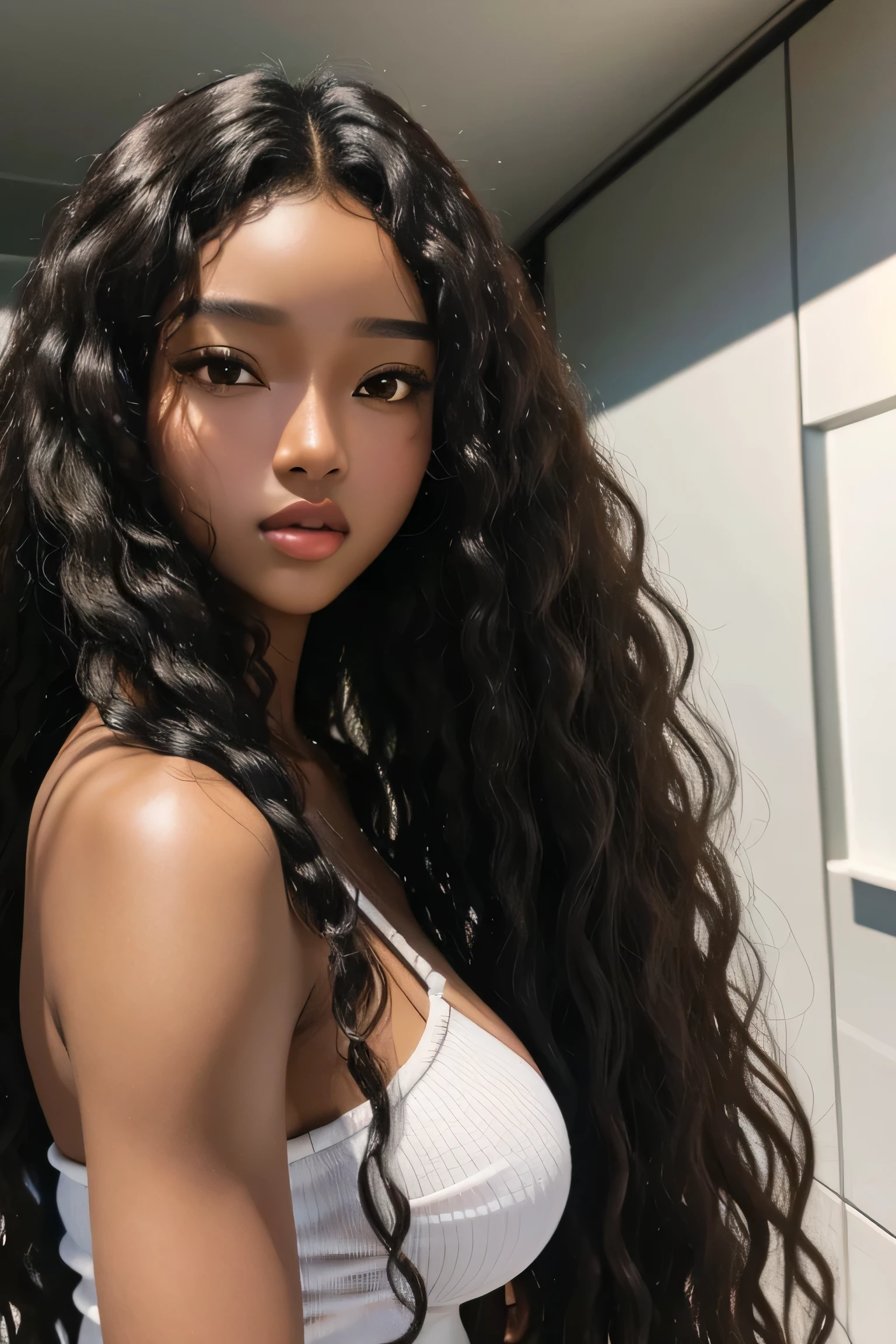 masterpiece, best quality, beautiful black and Asian mixed 19 year old, brown skin female, long, frizzy, curly black hair, perfect face, half body, long hair, melanin, curly dark hair