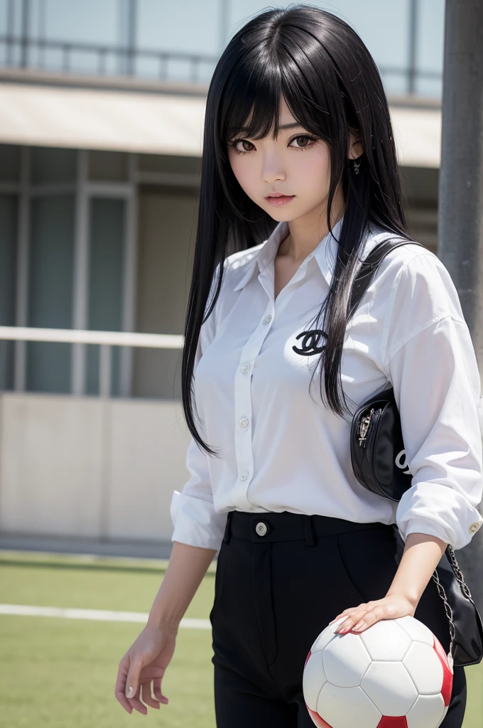 Jivem Japanese woman, Bblack hair, clios curtos, Chanel hair with long fringes,bochechas grandes, very cute eyes, white collar clothing, playing soccer