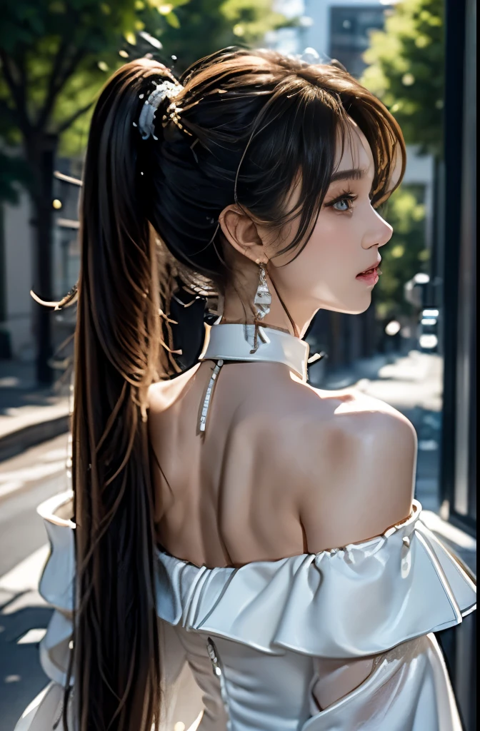 Cowboy Shot, Ultra high definition, , Very long hair, Side Ponytail, choker, Holding, Off the shoulder, (White Dress:1.3), White jacket,Hello, 8k Raw Photo, masterpiece,
