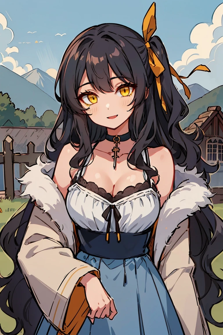 (masterpiece:1.2), (high quality:1.2), (hui xiyi:0.7), rekkyo sensen, rekkyou sensen, girls with((1girl, solo, black hair, yellow eyes, (wavy long hair, one side up, hair ribbon:1.54), blush, breasts, cleavage, cowboy shot, bare shoulders, dress, lace dress, camisole dress, navy clothes, rosary, rosary choker, cross, choker, collar, collarbone, frills, fur, fur-trimmed hood, fur-trimmed jacket, fur-trimmed sleeves, fur coat, fur collar, fur trim, hood down, hooded coat, hooded jacket, hoodie, jacket, large breasts, long hair, long sleeves, medium breasts, open clothes, open coat,open hoodie, sleeveless, winter clothes, zipper, cleavage, upper body)), background with((fantasy world, ruin, castle, beautiful sky, shining sky, sunshine, architecture, blue sky, bush, castle, village, no humans, cloud, cloudy sky, day, fence, field, garden, blue rose, grass, hill, lamppost, landscape, mountain, mountainous horizon, nature, outdoors, scenery))