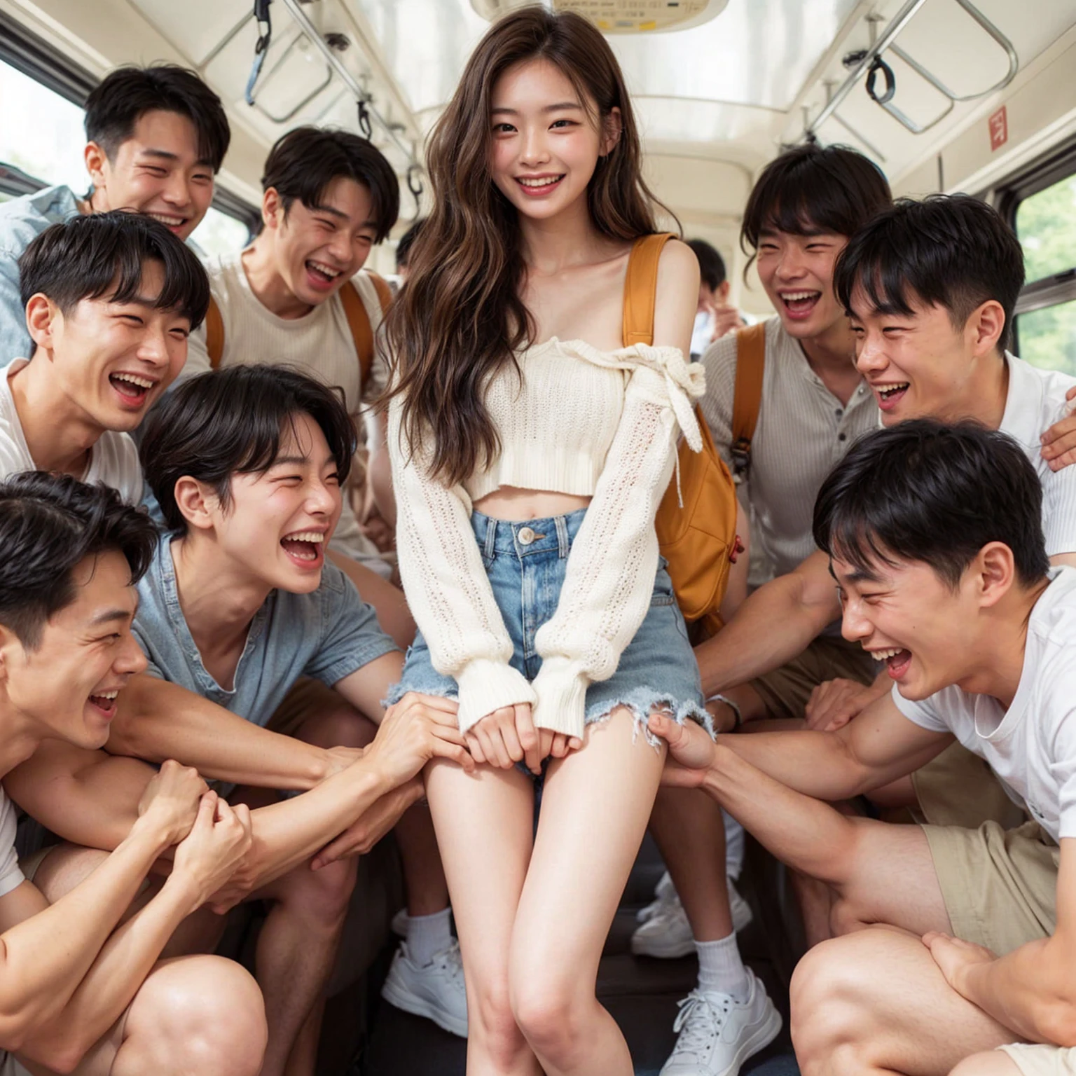 a beautiful young korean girl is having a summer picnic with a bus full of male passengers, the girl is wearing summer clothes and white sneakers with messy hair, standing among the men. the men on the bus are seen trying to hold the girl and joking around, the girl is seen screaming because she feels tickled by the hands of the men on the bus. they look happy and excited.