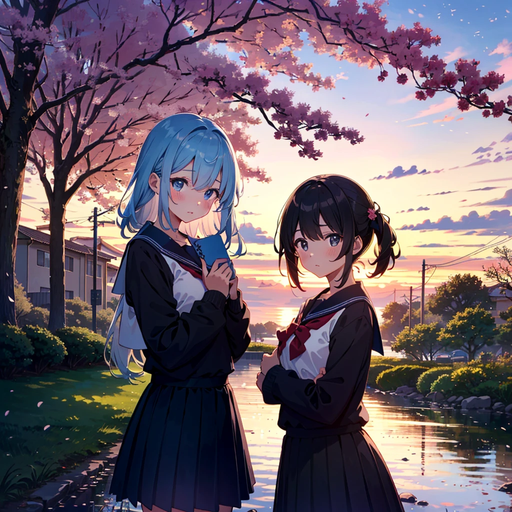 Masterpiece, highest quality, high resolution background, bright and beautiful atmosphere, 3 girls (2 years old, 1 short-tempered round face), 1 (hair, surface effects), small breasts, behind the school building, under the cherry tree, A girl in a sailor suit, waiting with a love letter in both hands, the girl looks embarrassed with a blushing face, dusk, "deltamon_sdXL :0.73) >Deltamon"