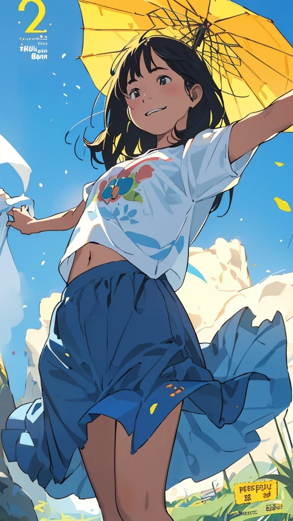 reasonable design, Clear lines, High Sharpness, (highest quality,8K,Perfect sharpness,Ultra fine,High resolution,masterpiece:1.2), Perfect Anatomy:1.5, Official Art, Illustrations that tell a story, (Whitish background:0. 9)、Body Positivity、More Mr.Physical expression、(Random and mischievous poses)、Perfect beauty、Perfect beautiful face、Strong winds、A rich expression、Dynamic composition、smile、Golden ratio composition、colorful、(Mr.Different angles and perspectives)、anime art、mini skirt、(Overcoming stereotypes)、 Glowing Skin、(Natural beauty)、smile、bangs、Straight Hair、(Soft and flowing hair)、(Rural Scenery)、(Nostalgic atmosphere)、Insert up to the thighs、(Playful and carefree)、(More Mr.Ethnic characters)、(innocent attitude)、(Sunny atmosphere)、Skirt flipped up、(Bright colors)、Belly button exposed、Beautiful Eyes、A skirt fluttering in the wind、Put it in to your feet、Some composition patterns、sensuous、Geometric pattern、emotional、Symposium cover、Angle from below、