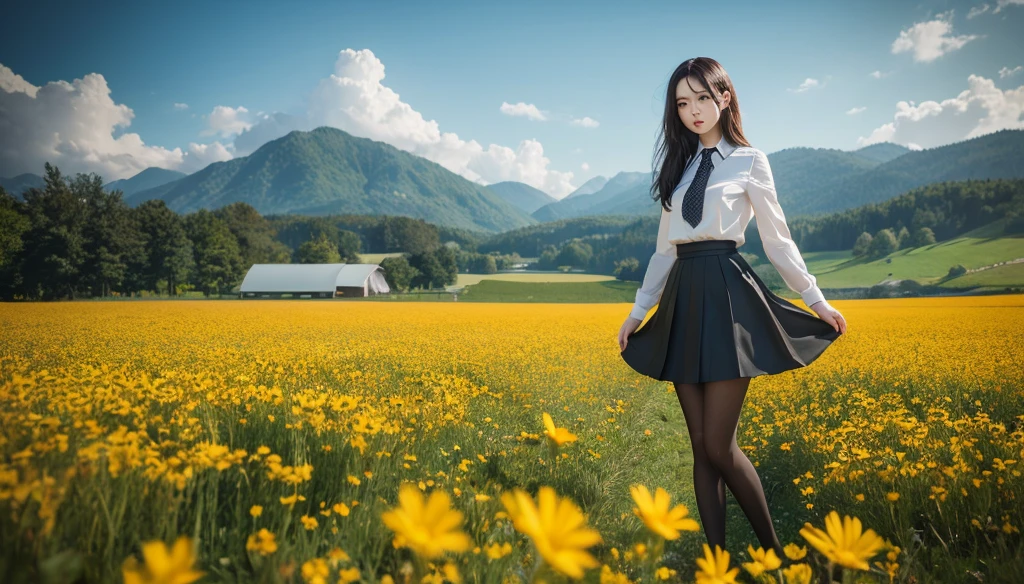 (masterpiece), (best quality), (Very detailed),Black pantyhose, skirt, long legs, permanent,  Flower Field, Octane Render,
