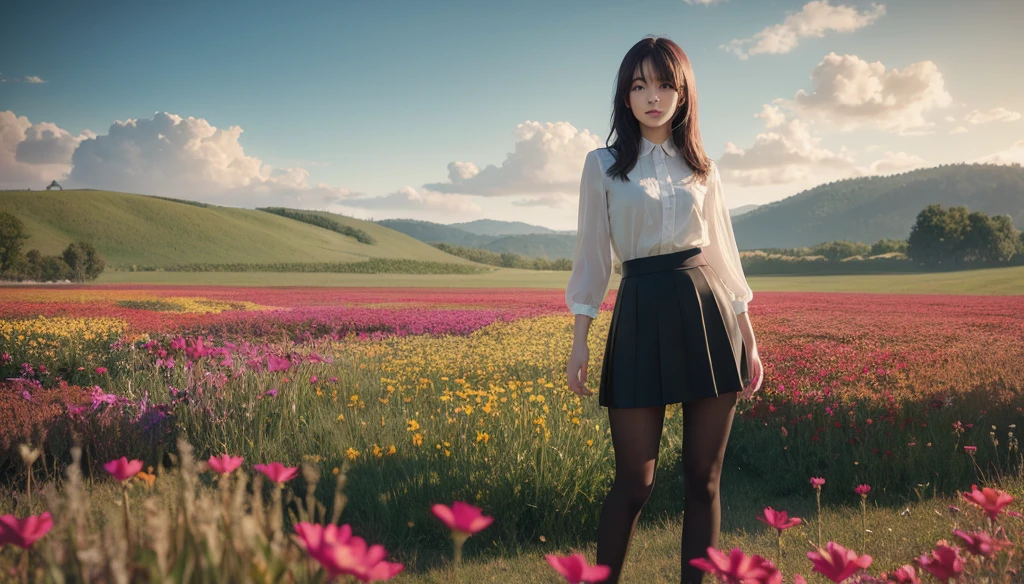 (masterpiece), (best quality), (Very detailed),Black pantyhose, skirt, long legs, permanent, Flower Field, Octane Render,