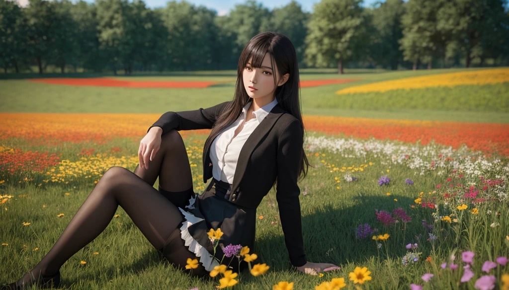(masterpiece), (best quality), (Very detailed),Black pantyhose, skirt, long legs, permanent, Flower Field, Octane Render,