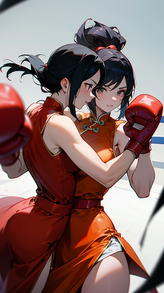 Two women in Chinese dresses are boxing and fighting in the ring