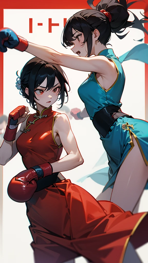 Two women in Chinese dresses are boxing and fighting in the ring