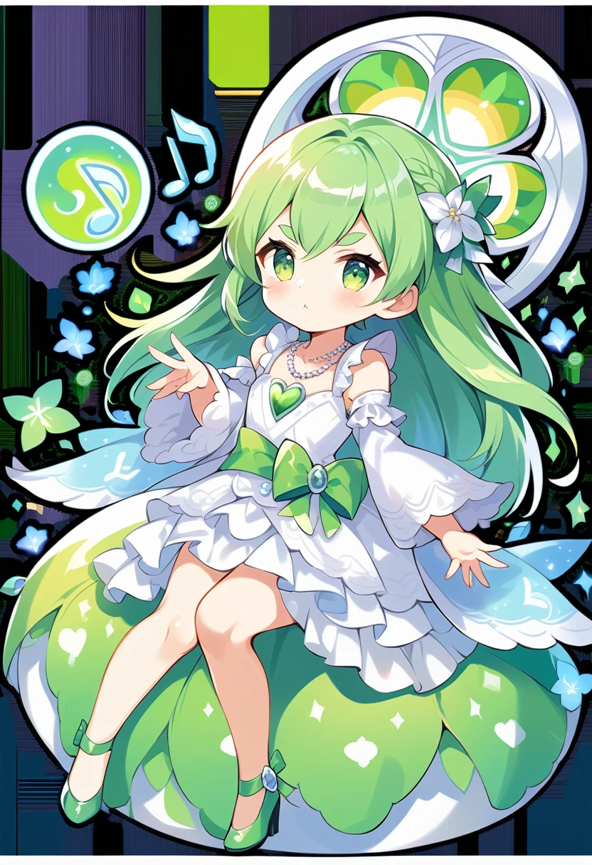 (loli:1.4),(little female child:1.4), cute face, 6 years old,kawaii, (highlight on eyes:1.1), small breast, (jiggly:0.8), shiny skin,(mini girl:1.5),
BREAK 
(green maro eyebrows:1.4), :<, (jitome:1.1),pouty and slightly grumpy,(medium green hair:1.2),pout,disgusted eyes, green eyes, puffy eyes,
BREAK
breathtalking Scenery, breathtalking Beauty, breathtalking Cute,scenery, (best quality, masterpiece:1.2), (ultra high quality:1.2),smooth soft skin, natural skin,
BREAK
(hensin:1.3),(henshin:1.3), magical girl,,(transparent background:1.3),wearing shoes on feet, sidelocks, bow, gem necklace, deepgreen pleats overskirt,white dress,frills, sash, high_heels, collarbones, wedding dress, heart_print, 
BREAK
wearing boots on feet, wearing lightgreen magical Girl Costumes,(magical effect:1.2), magic circle,colorful background,light particles,light sparkles,crystal light,powder light,dynamicpose,outstretched legs,sitting,
BREAK
(multi-layered flower shaped stained glass), (rose shaped stained glass),(music note effect fused with stained glass),(heart shaped Church windows),nature theme,(Giant stained glass leaf),(Multiple stained glass musical note),Atrium structure,ceiling,tiffany,dust particles,anime,stain glass inspired by leaf mark,