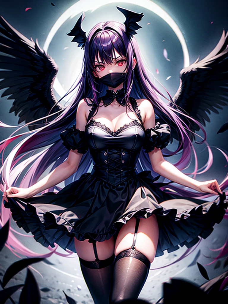 Highest quality,Highest Resolution,Beautiful girl with angry face in gothic lolita leotard,High leg,(((Floating in the air))),Halo,Night Sky,Severe lightning strike,Thick Lightning,Very beautiful red eyes,rain,(((Black angel wings on the back))),whole body,front,Purple long hair,In hand１with two big spears,Knee-high stockings,garter belt,Floating in the air,darkness,