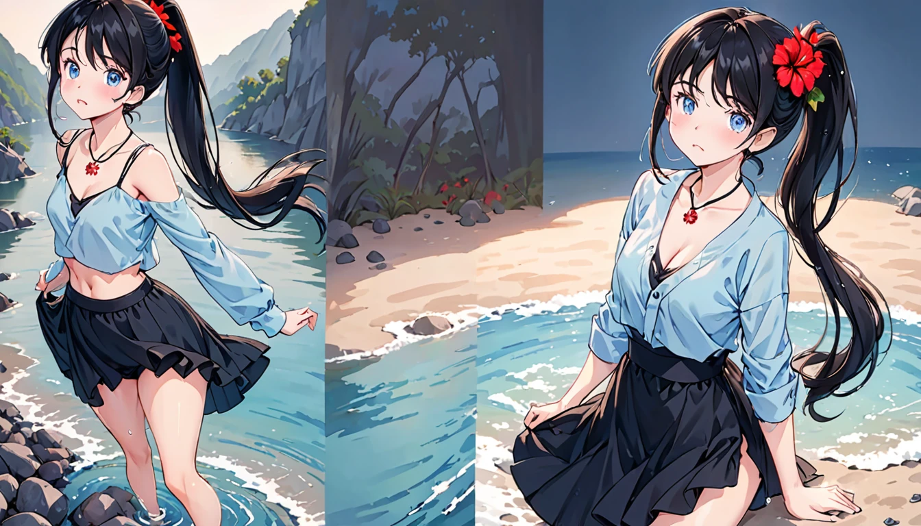 Photo of a woman with natural skin, Seaside cave, The light is shining in, Upper Body, Ahegao, High Twintails, Black hair with red mesh, Sharp eyes with red eyeshadow, Blue-green eyes, Shining eyes, A thin, upturned nose, Well-shaped lips, Big Breasts, ((Black off-the-shoulder dress, Thin shoulder straps)), barefoot, Makeup, Exquisitely crafted with the utmost attention to detail, Vibrant, amazing, Smooth, Cinematic, 4K, Backlight, (()), Shallow depth of field, ((Detailed eyes:1.3, Detailed lips:1.3, high quality, )), masterpiece, Super detailed images, High quality