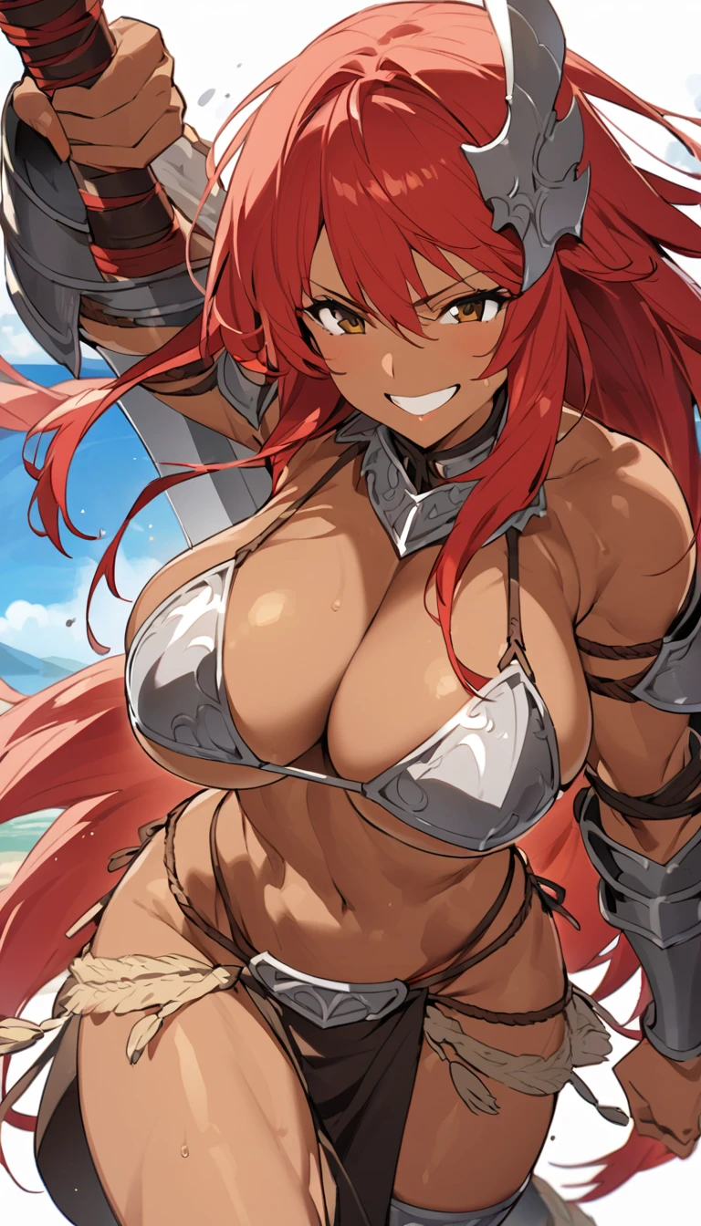 Big Breasts、Red hair、Messy long hair、Loincloth、Woman warrior、Bikini Armor、Brown skin、Muscular、Carrying a great sword、smile
