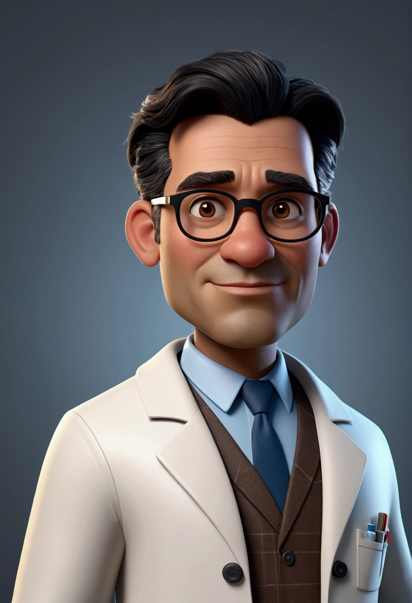 Cartoon character of a man with glasses, black hair with gray sides, black hair with gray sides, with entries, dark brownish brown skin, fat rounded oval face, approximately 34 years old, skin with pimple marks, animation character, wearing a labcoat, written on coat, Prof. Luiz Paulo Silva - Natural Sciences , stylized character, animation style rendering, 3d stylized, Arnold Maya rendering, Stylized 3D rendering, toon render screenshot, 3d character, 3d character, Stylized 3D rendering, 3D character rendering, cartoon character, Personagem de close up, character posing, (Pixar-style) (master part:1.2) (bokeh) (best qualityer) (skin detailed) (detailed texture) (8K) (Argilla) (cinematic lighting) (sharp focus) True to description
