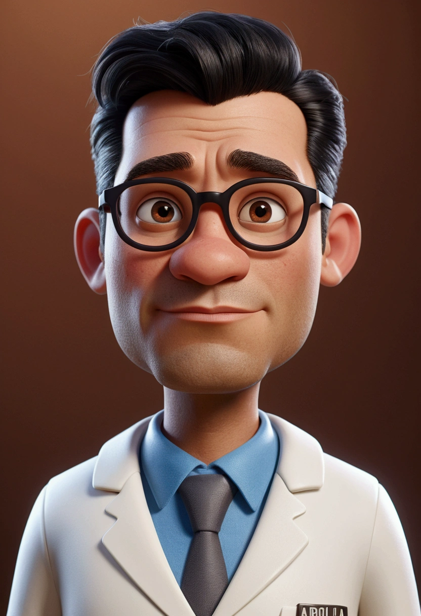 Cartoon character of a man with glasses, black hair with gray sides, black hair with gray sides, with entries, dark brownish brown skin, fat rounded oval face, approximately 34 years old, skin with pimple marks, animation character, wearing a labcoat, written on coat, Prof. Luiz Paulo Silva - Natural Sciences , stylized character, animation style rendering, 3d stylized, Arnold Maya rendering, Stylized 3D rendering, toon render screenshot, 3d character, 3d character, Stylized 3D rendering, 3D character rendering, cartoon character, Personagem de close up, character posing, (Pixar-style) (master part:1.2) (bokeh) (best qualityer) (skin detailed) (detailed texture) (8K) (Argilla) (cinematic lighting) (sharp focus) True to description