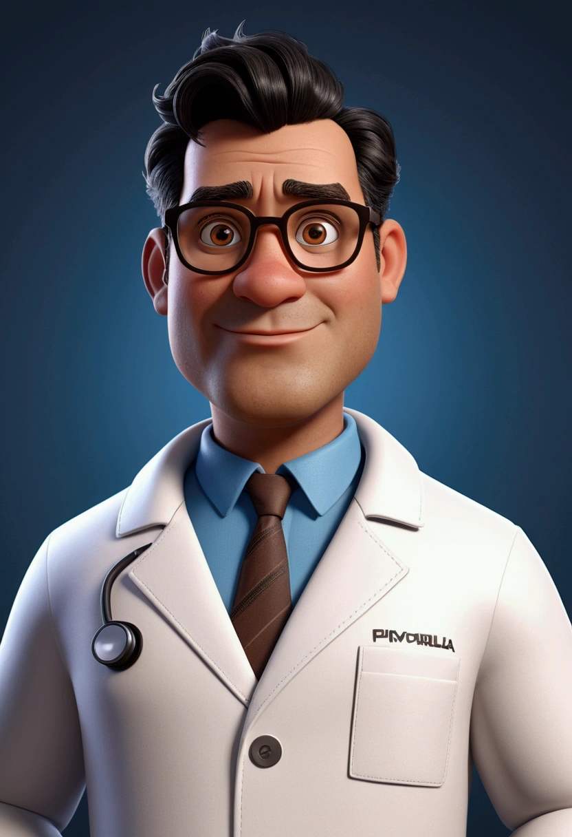 Cartoon character of a man with glasses, black hair with gray sides, black hair with gray sides, with entries, dark brownish brown skin, fat rounded oval face, approximately 34 years old, skin with pimple marks, animation character, wearing a labcoat, written on coat, Prof. Luiz Paulo Silva - Natural Sciences , stylized character, animation style rendering, 3d stylized, Arnold Maya rendering, Stylized 3D rendering, toon render screenshot, 3d character, 3d character, Stylized 3D rendering, 3D character rendering, cartoon character, Personagem de close up, character posing, (Pixar-style) (master part:1.2) (bokeh) (best qualityer) (skin detailed) (detailed texture) (8K) (Argilla) (cinematic lighting) (sharp focus) True to description