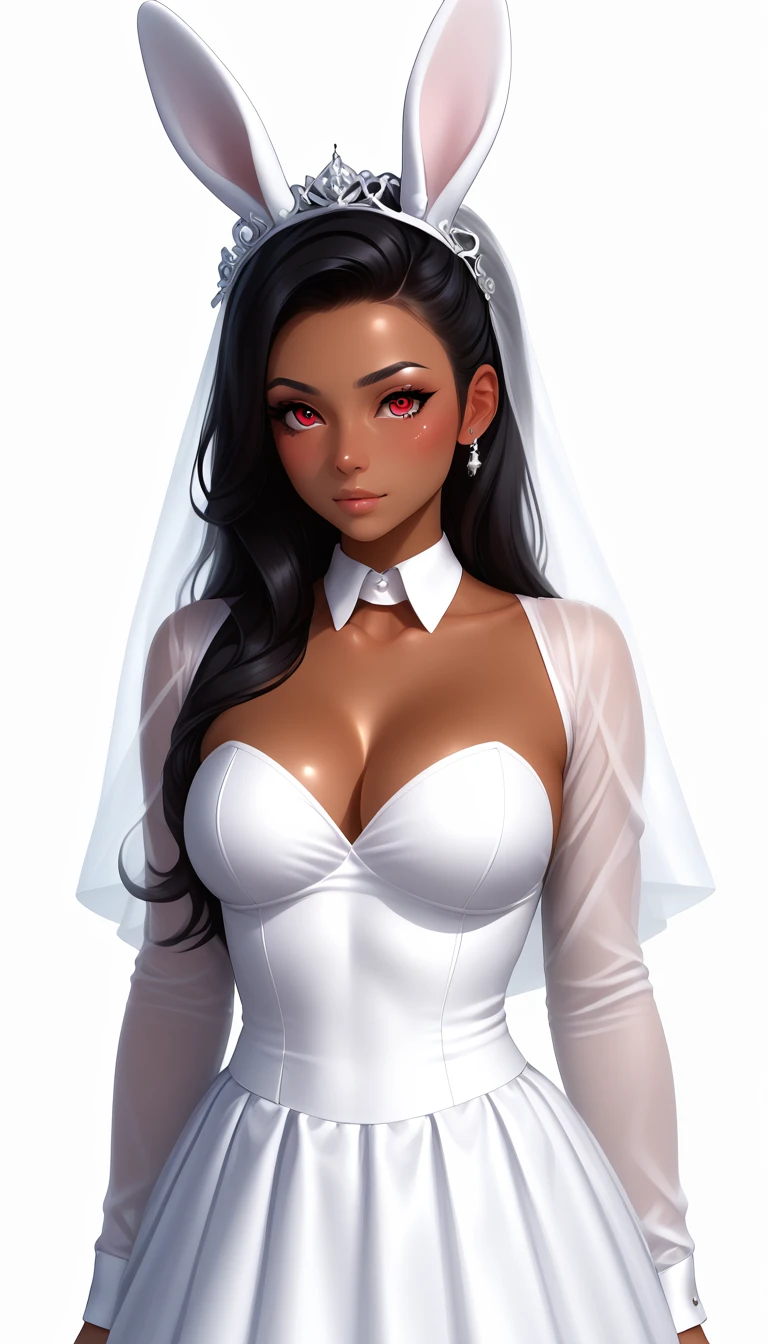 score_9, score_8_up, score_7_up, 1girl, solo,
flowing black hair, glowing red eyes, ((tiny, _young, huge boobs:1.25)), ((action pose)), ((shy face expression:1.5)), bunny ears, bunny tail, ((dark tanned skin)), demoness, (Bunny:1.2),
monochromatic, eerie atmosphere,
(wedding dress), seductive, stark white background