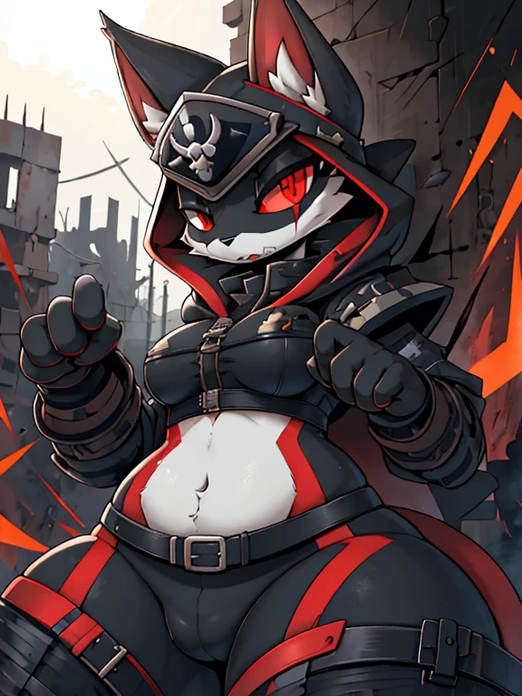 absurdity, A high resolution, ultra detailed,
1 girl,oversized hooded jacket,whole body,
holding mechanical chainsaw, Female furry demon cat+Red eyes, tall black hair with reddish-scarlet tips, slightly plump+ in black knightly armor, the face is covered in blood, the face is gloomy and serious+ ruins of the city,  Anime. A high resolution、masterpiece、top quality、ultra detailed、masterpiece、sharp focus、lighting like in a movie、full body image、Black reinforced armor suit for troops with complex patterns、helmet, covering the head and face、、full armor、Full face armor、Black combat glasses、Black sunglasses、Pistol Shooting、、dynamic action. fluffy female pirate cat, blazblue pink pirate with blindfold, Spot on one eye, scull, in military clothing, in the sky on a flying pirate ship + Anime.