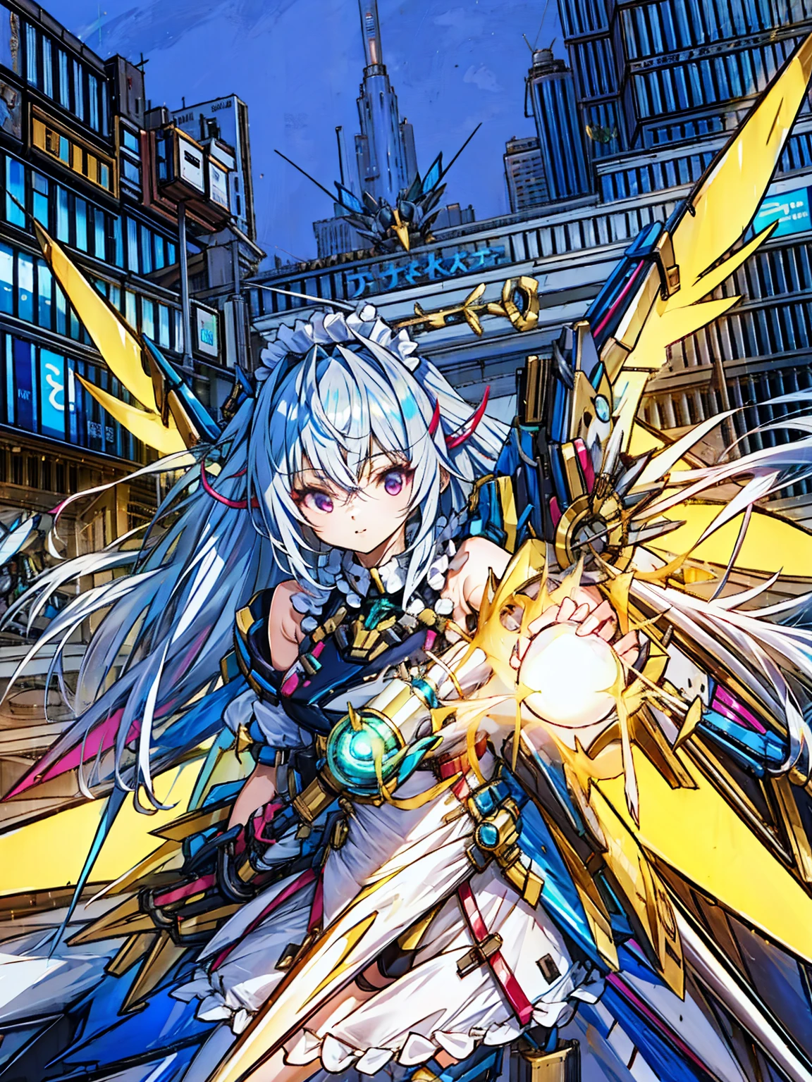 Masterpiece, verydetailedな, Highest quality, Sharp focus, 12k, ultra hi resolution picture, big ,12k,Perfect Anatomy, Highest quality, ((One Girl))、Silver Hair、Hair length、Floating Hair、、Cyber City、Neon Building、(Upper body:1.05)、very_detailed_eye_and_face,Cybernetic Wings、Random posture、Skyscraper、、Mechumusume、Miko costume,Maid clothes、Random Angle、Anime Style,Cowboy Shot