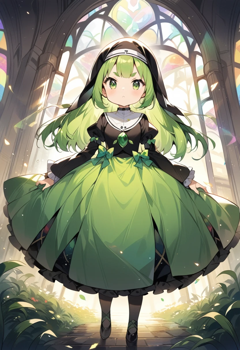 (loli:1.4),(little female child:1.4), cute face, 6 years old,kawaii, (highlight on eyes:1.1), small breast, (jiggly:0.8), shiny skin,(mini girl:1.5),
BREAK 
(green maro eyebrows:1.5), :<, (jitome:1.1),pouty and slightly grumpy,(medium green hair:1.2),pout,disgusted eyes, green eyes, puffy eyes,
BREAK
breathtalking Scenery, breathtalking Beauty, breathtalking Cute,scenery, (best quality, masterpiece:1.2), (ultra high quality:1.2),smooth soft skin, natural skin,watercolor,
BREAK
Dutch angle,Atrium structure,ceiling,floral point black nun dress, nun veil,choker,excessive detailed collarbone,bare collarbone, long hem,wide shot,dynamicangle,
BREAK
(stain glass inspired by leaf mark), (rose shaped stained glass),(music note effect fused with stained glass),(multi-layered grass shaped stained glass),(heart shaped Church windows),nature theme,stained glass leaf,(Multiple stained glass musical note),tiffany,dust particles,