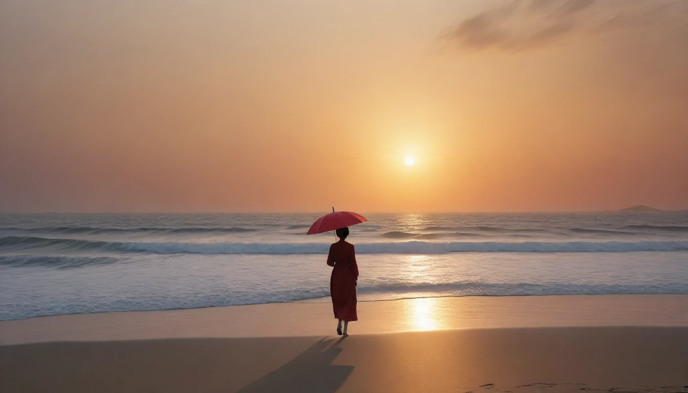 desolate long beach, A short-haired woman walking from afar, red light of sunset, alone, afternoon, depressed, tide가 밀려온다, ocean, tide, umbrella , wind, short korean woman, 잔잔한 tide.