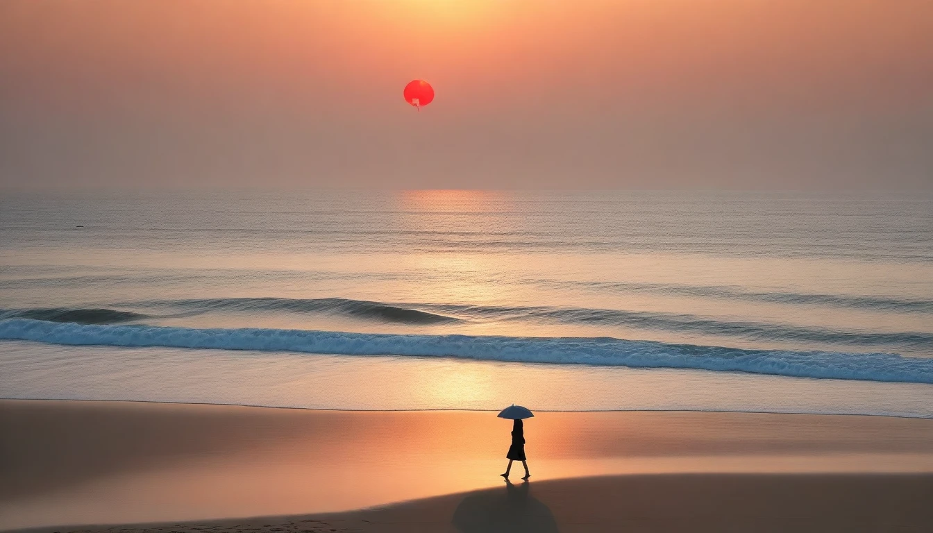 desolate long beach, A short-haired woman walking from afar, red light of sunset, alone, afternoon, depressed, tide가 밀려온다, ocean, tide, umbrella , wind, short korean woman, 잔잔한 tide. 