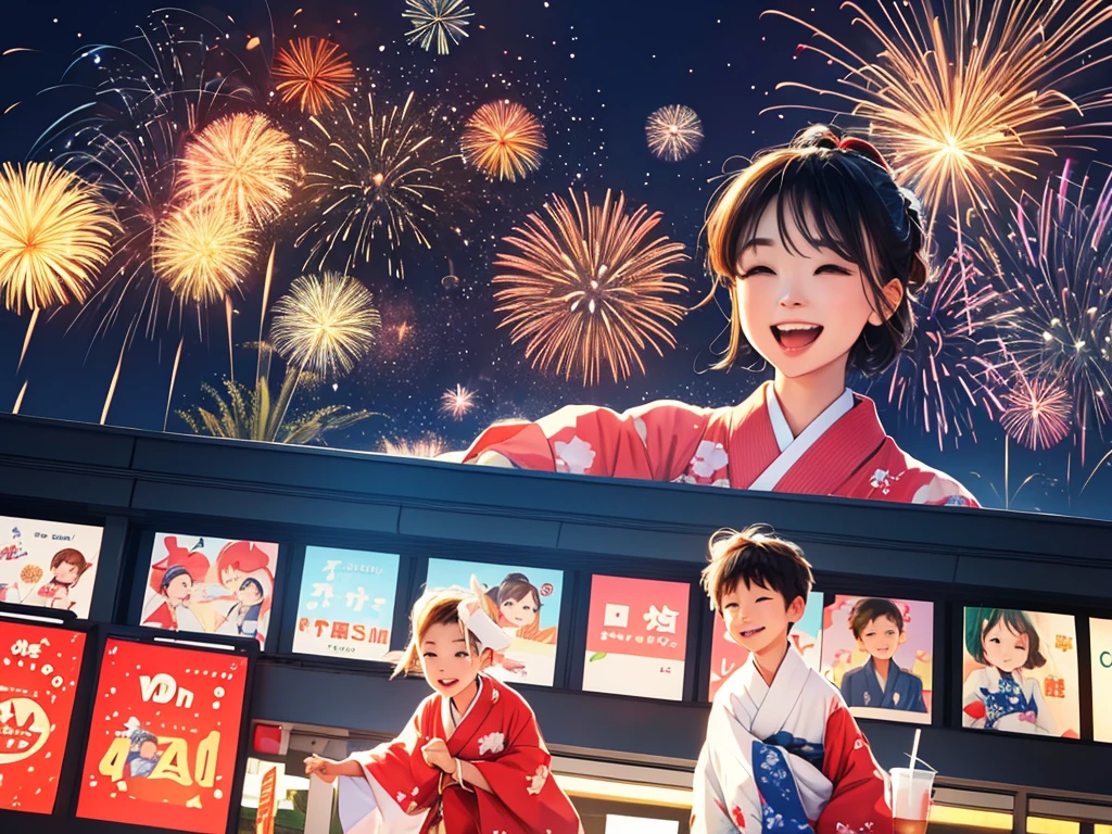 Fireworks、On a large billboard[Juice and tea]It is written、A mini character of a girl wearing a kimono、Boy wearing a happi coat