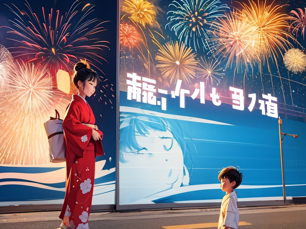 Fireworks、On a large billboard[Juice and tea]It is written、A mini character of a girl wearing a kimono、Boy wearing a happi coat